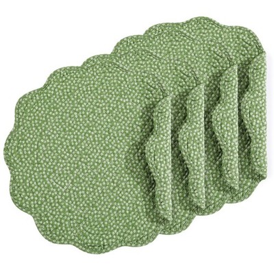 4 PCS Quilted Round Washable Placemats 100% Cotton Fabric Green White Flower