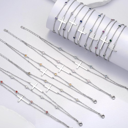 Sterling Silber Kreuz Geburtsstein Armband: Damen Kreuz Monat Stein doppellagig - Bild 3 von 5
