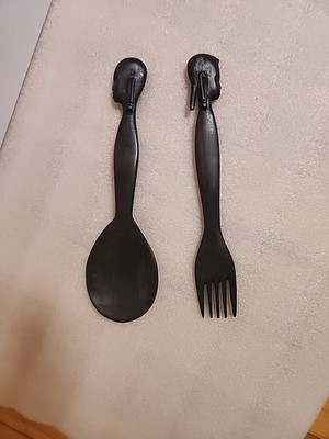 Vintage Black Ebony African Carved Salad Serving Set