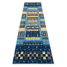 2'9"x9'7" Navy Blue Kashkuli Animal Figurines Hand Knotted Wool Runner Rug 22042