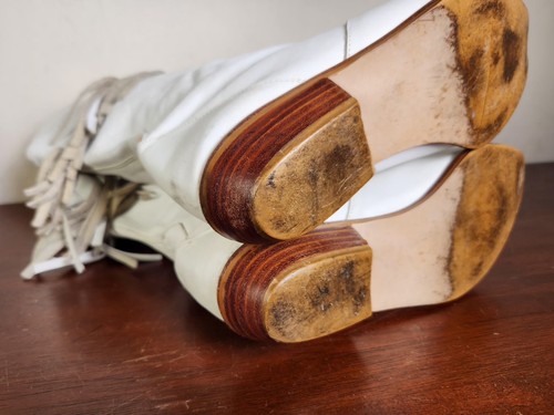 Vtg Cowgirl Boots Womens White Leather Western Fringe Cowboy Carter Size 7 Flaws - Picture 16 of 24