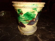 Very Rare Antique Shenandoah Valley Redware Pottery Polychrome Glazed Flower Pot