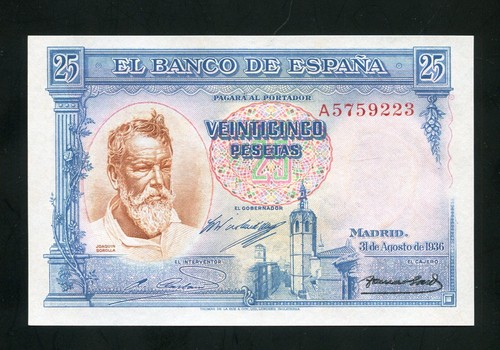 tu_bazar BILLETE 25 PESETAS 1936 SOROLLA SERIES A 5759223 SC UNCIRCULATED NEW
