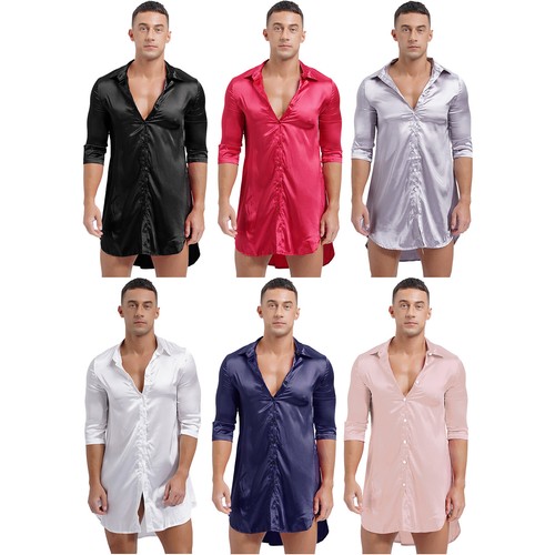 Mens Satin Silk Nightshirt Sexy Sleepwear Casual Sleep Shirt Half Sleeve AU - Picture 3 of 65