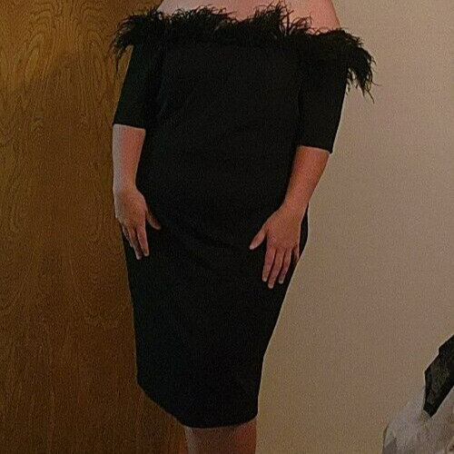 Calvin Klein 22 Women's Black Off The Shoulder Long Sheath Dress & Feather Trim - Picture 2 of 14