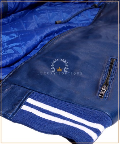 Men's Blue Baseball White Stripes New Hooded Bomber Real Lambskin Leather Jacket - Picture 10 of 11