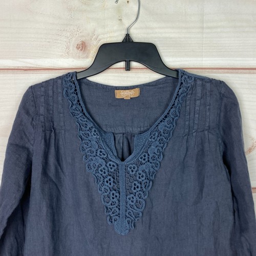 Carla Conti Kleid Damen S grau Leinen Etuikleid 3/4 Arm Häkelsaum Pullover einfarbig - Bild 2 von 9