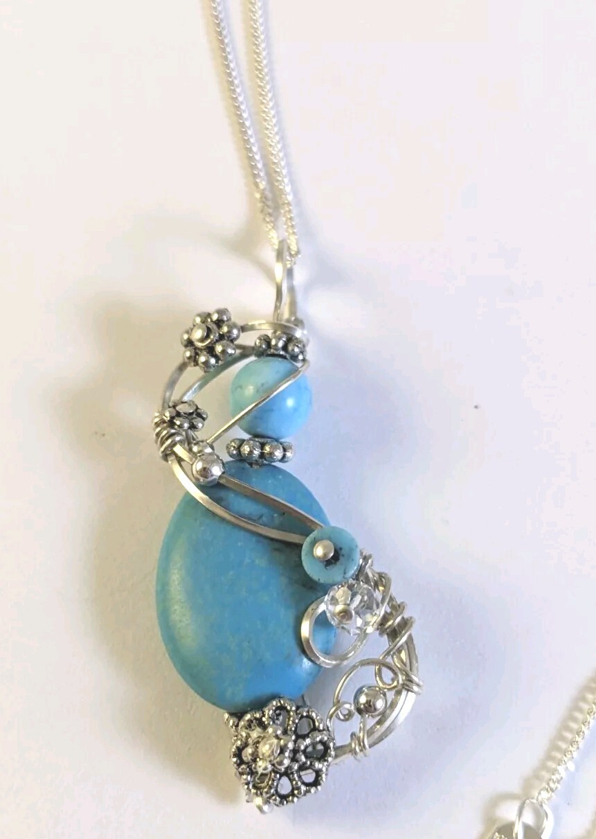 Solid sterling Silver Hand Wire Wrapped Turquoise… - image 1