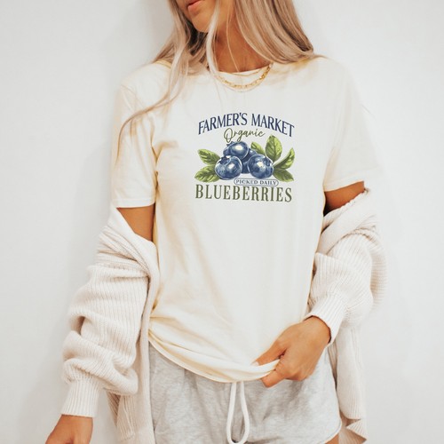Farmers Market Shirt Unisex Organic Blueberries T Shirt Cute Retro Graphic Boho - Picture 3 of 4