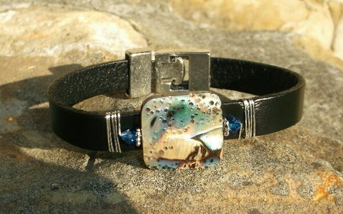 Abalone Rectangle (paua shell), Crystal & Flat Leather Bracelet Sundance Arti - Picture 7 of 8