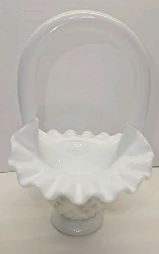 Vtg Fenton Basket Raised Dots White Milk Glass Ruffled Scalloped Rim Handle - Picture 2 of 9
