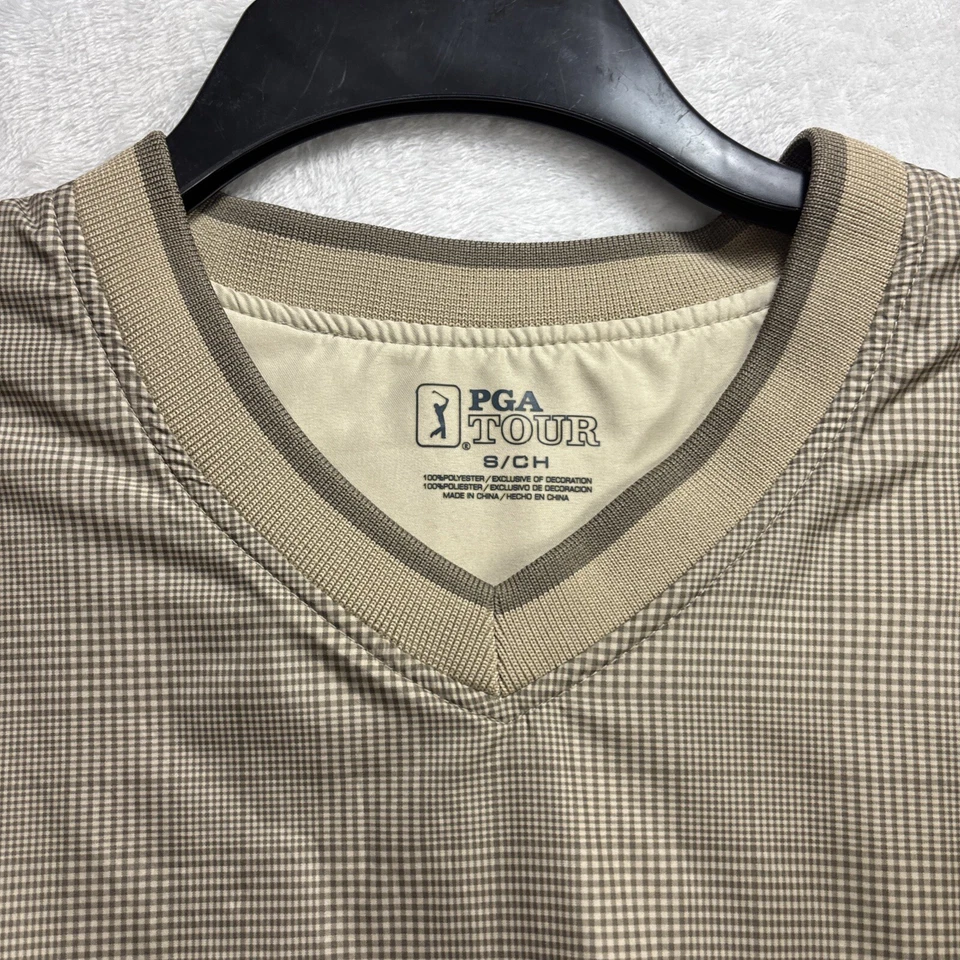 Sudadera PGA Tour Para Hombre Pequeña Cuello en V Marrón Claro Cuadros Poliéster Pullover Foto 2 de 4