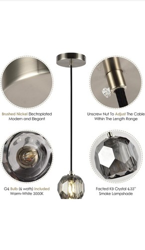 Gebürstetes Nickel Pendelleuchte, Rauchkristall Pendelleuchte für Küche... - Bild 5 von 5