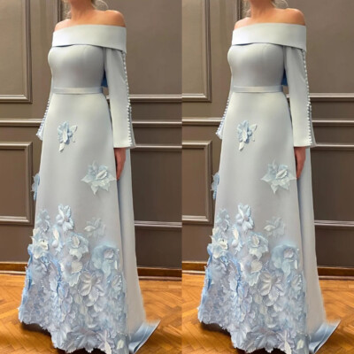 Light Blue Satin Mother of Bride Dresses Off The Shoulder 3D Flowers Long  Sleeve | eBay
