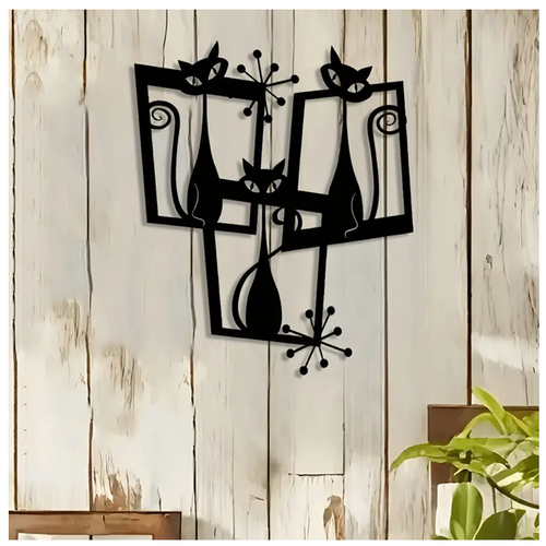 Retro Atomic Cat Black Metal Cut Out Wall Decor Vintage Look Decor Art Groovy - 第 1/4 張圖片