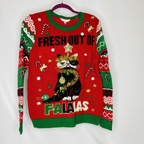 NoBo Ugly Christmas Sweater Grumpy Cat Fresh Out of Falalas Red Junior XL