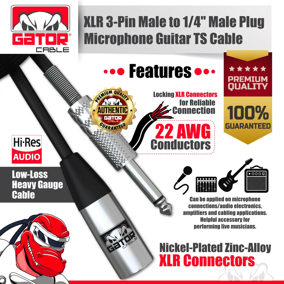 XLR 3-Pin Male to 1/4” TS Mono Cable Unbalanced Shielded Mic Audio Cord Stereo - Image 4 of 4