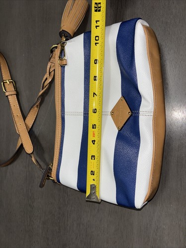 St. John’s Bay Purse, White And Blue Striped With Brown Leather Trim And Strap - Picture 5 of 6
