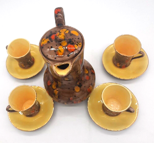 Vintage 1977 MCM Kunstkeramik Kaffeekanne mit 4 Demitasse Tassen & Untertassen signiert - Bild 9 von 10