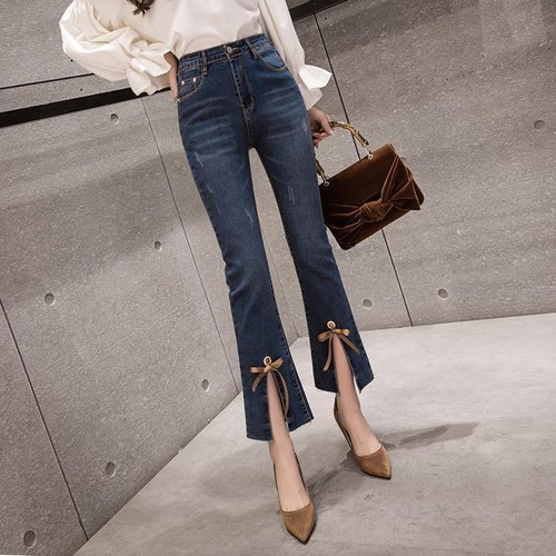 Damen High Waist Denim Slim Fit Schlitz Schleife Knoten Schlaghose Mode Jeans Hose - Bild 6 von 8