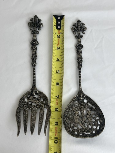 Vintage Ornate Decorative Cherub Metal Serving Fork & Spoon Salad Set 2 Italy - Picture 13 of 15