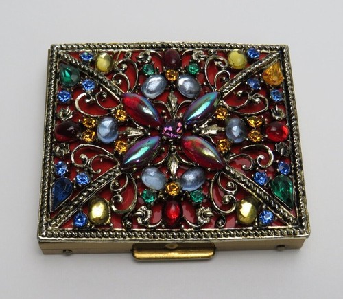 VTG 1940s 50s GOLDEN JEWELED COMPACT PILL BOX 2 3/4" by 2 3/8" - Picture 7 of 10