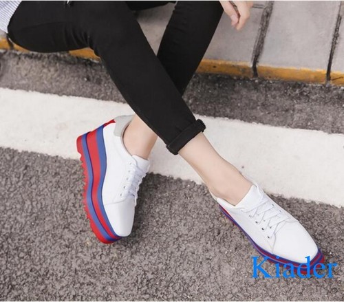 Women's Color Stitching Creepers Lace Up Oxfords Med Wedge Heels Platform Shoes - Picture 7 of 11