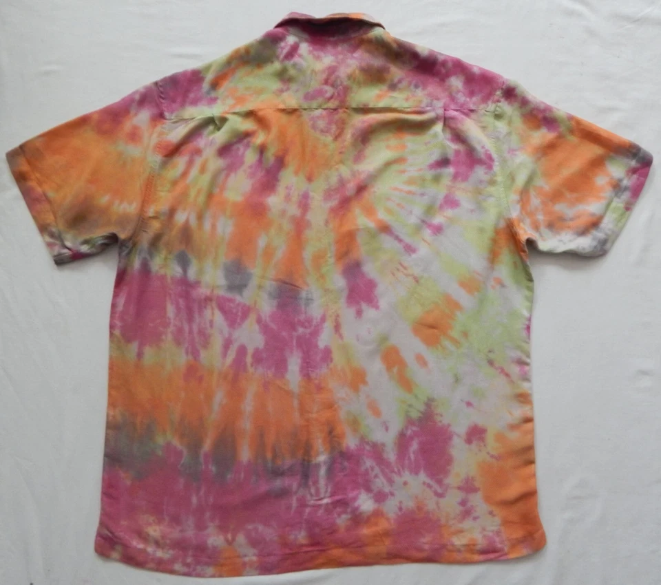 Camisa Tie Dye Rosa Naranja Rayas Manga Corta Abotonada - XL Para Hombre Hecha a Mano Foto 2 de 4