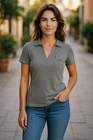 Burberry London Heather Gray V-Neck Single Pocket Short Sleeve Womens Top Small