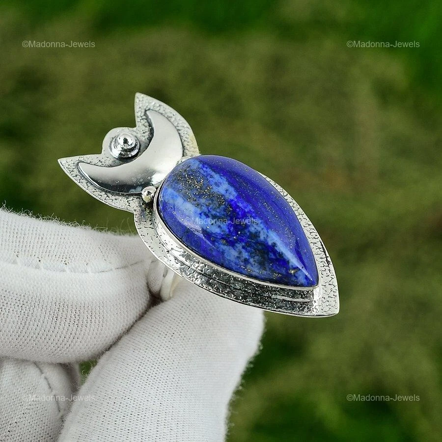 Natural Lapis Lazuli Crescent Moon Adjustable Ring 925 Silver For