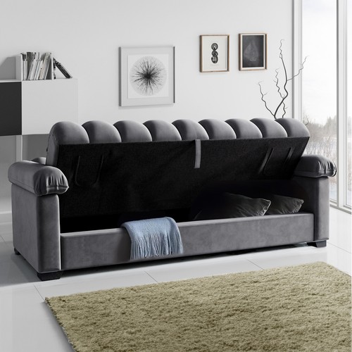Convertible 3 Seater Velvet Fabric Grey Couch Double Sleeper Storage Sofa Bed UK - Picture 5 of 10