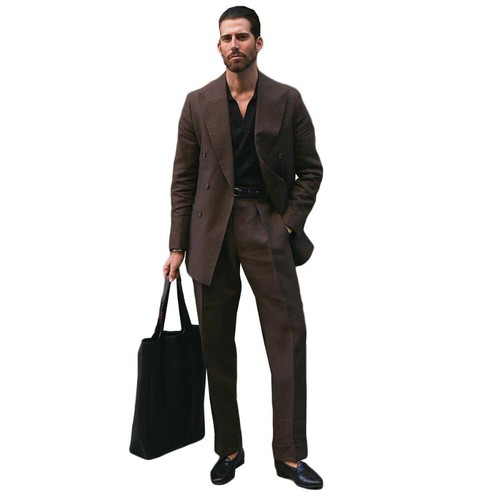 Trajes Marrón Para Hombre Solapa Pico Doble Pecho Negocios Banquete Fiesta Chaqueta 2 Piezas - Imagen 4 de 9