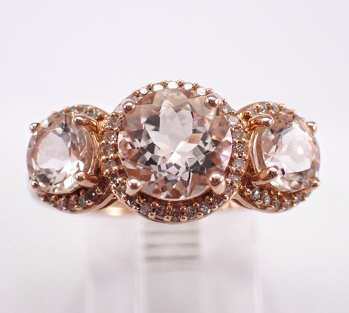 Rose Gold Morganite and Diamond Three Stone Halo Engagement Ring Aqua Gemstone - Picture 1 of 8