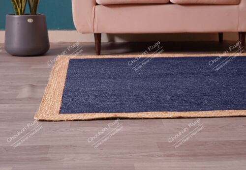 Navy Blue Rectangle Jute Rug With Beige Border Rug, Hand Braided Home Décor Rug - Picture 5 of 10