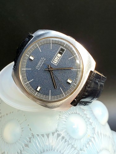 Vintage Men’s 1960's CONSUL Day & Date Automatic S.S. With Amazing Blue Dial ! - Picture 1 of 7