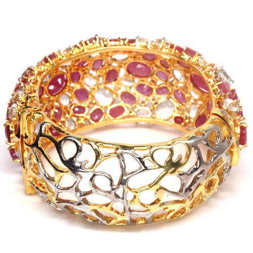 Natural Red Ruby, White Topaz & Pink Sapphire Bangle 925 Silver Sterling - Picture 4 of 5