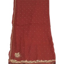 Sanskriti Vintage Dupatta Long Stole Pure Chiffon Silk Dark Red Hand Beaded Veil