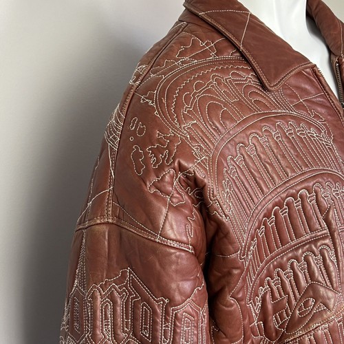 RARE Vintage Marc Buchanan Brown Leather Stitched Jacket Taj Mahal Paris Zip Up - Picture 11 of 20