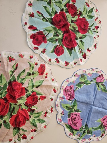 Vintage Hankerchiefs Floral Rose Designs Lot Of 3 Round Scallop Edge