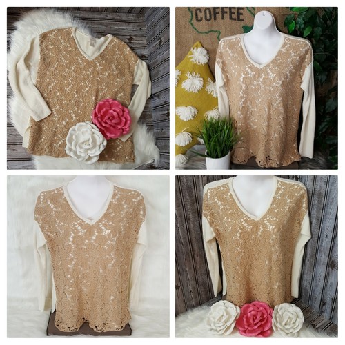 Chicos Sweater Womens Size 1 US 8 Tan Crochet Lace V Neck Work Office Cozy Cabin - Picture 12 of 13