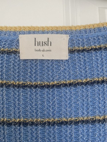HUSH Jumper Corinna Blue Yellow V-Neck-Stripe Metallic Shimmer Size L 14-16 VGC - Picture 2 of 7
