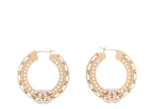 Chanel LEATHER Lambskin Gold METAL HOOP EARRINGS Braided CC Crystals White
