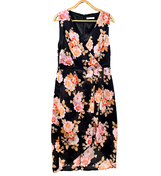 Cooper St Dress Womens Midi Wrap Size 12 Black Orange Floral Sleeveless V-Neck