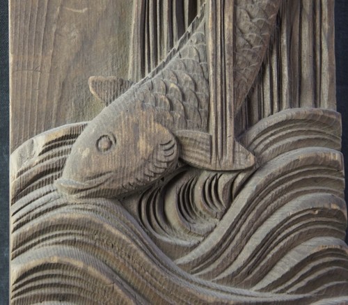 Japan Koi in waterfall carp wood carving 1800 rural wood craft - Picture 3 of 8