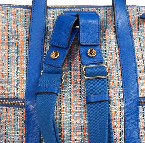 NWOT HENRI BENDEL Large Blue Leather Tweed Jetsetter Convertible Backpack - Picture 7 of 8