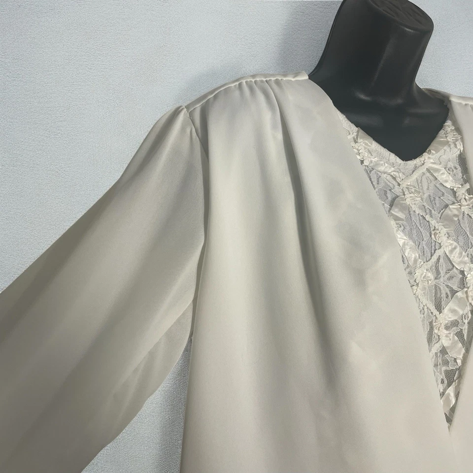 Vintage 80s Jo Hanna York Shirt Women 12 White Faux Wrap Lace Detail Sequin Top - Image 3 of 4