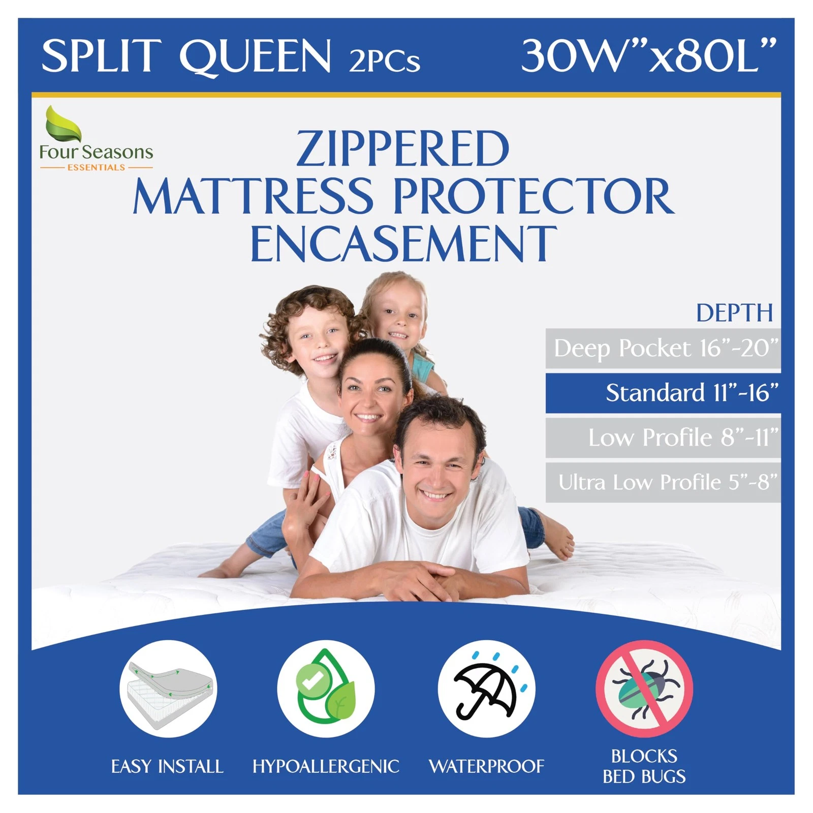 Split Queen Mattress Encasement 30 x 80 2PCs - Waterproof Zippered Protector