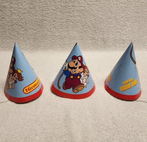 Super Mario Bros Birthday Party Supplies 3 Cone Party Hats Vintage 1988 Nintendo