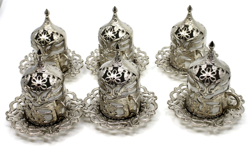6 Türkische Kaffee Espressotassen mit Innen Porzellan Metall Halter Untertassen & Deckel - Bild 2 von 11