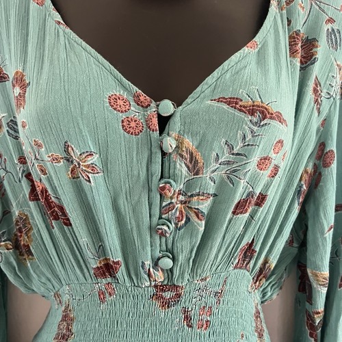 Vintage Midikleid Blumen Knopf V-Ausschnitt grün Blumen Viskose Damen M 90er gesmokt Boho - Bild 3 von 9
